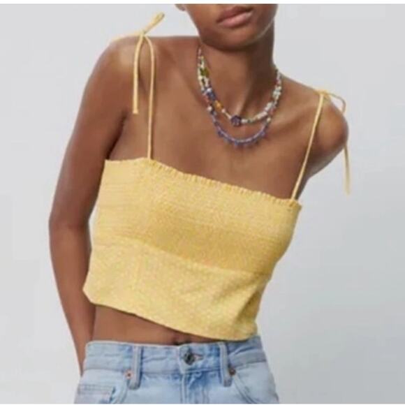 Zara Crop Top Womens Medium Yellow White Polka Dot Smocked Tie Strap Summer Cute - Picture 1 of 8